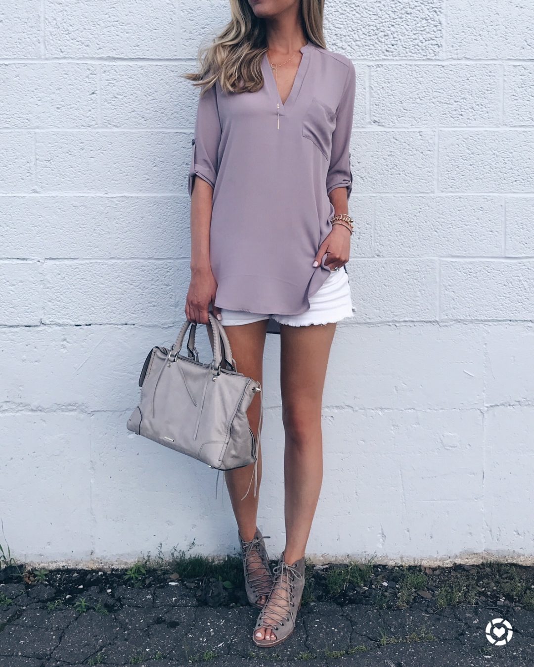 Summer Sale Outfit - purple tunic with white denim shorts