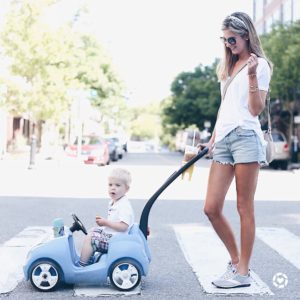 liketoknow.it.family takeover friday - pinteresting plans in white t-shirt and denim cutoffs pushing son in car