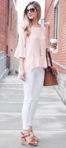 pink summer outfits - pink ruffle hem bell sleeve top with white skinny jeans and wedges on pinterestingplans