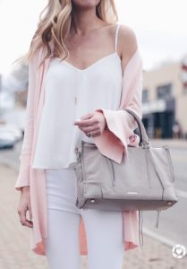 pink summer outfits - pink tie cuff cardigan over white cami and skinny jeans on pinterestingplans