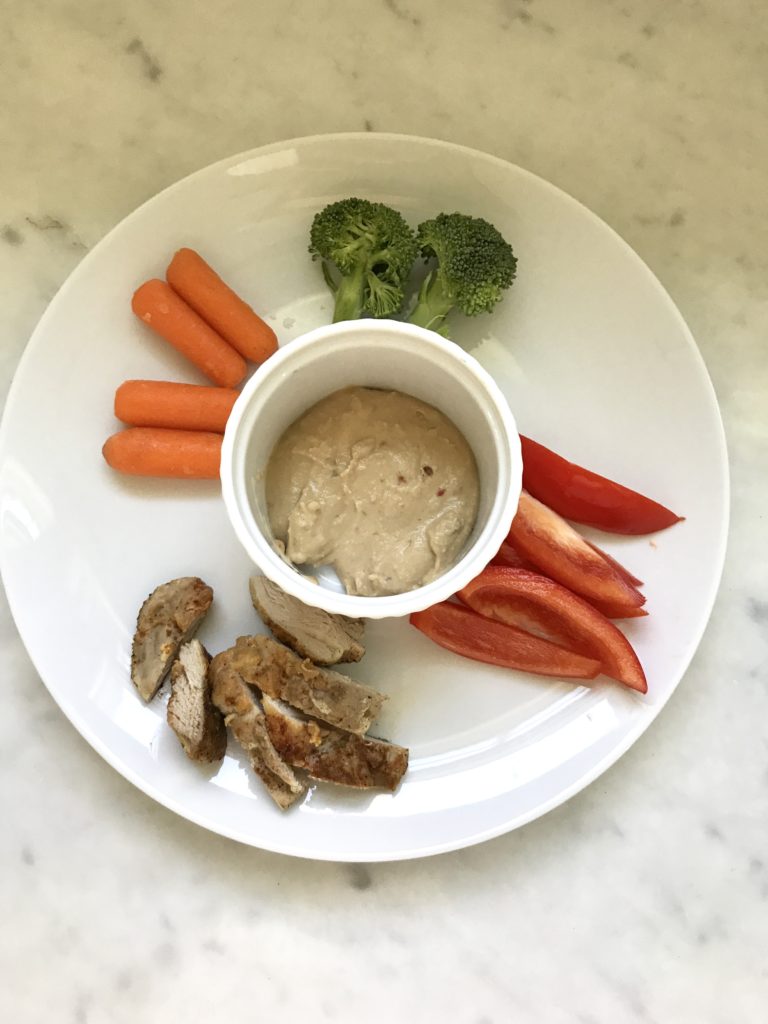 quick healthy lunch ideas - chicken and veggies with thai peanut sauce dip