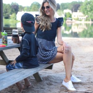 striped cotton dress as swim coverup over high waisted bikini
