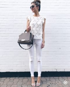 summer date night outfit inspiration - white lace top and white skinny jeans with taupe block feel sandals