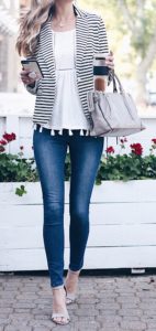 Summer Sale Outfit - striped blazer with tassel tank and skinny jeans