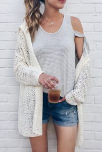 Summer Sale Outfit - summer cardigan and tank with denim shorts