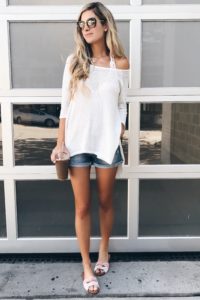 bralette outfit ideas - pink racerback bralette under slouchy white sweater and jeans shorts on pinterestingplans