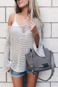 bralette outfit ideas: white lace bralette under slouchy open knit sweater on pinterestingplans