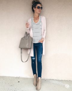 nordstrom anniversary sale tops - long sleeve stripe tee under pink cardigan with skinny jeans and booties on pinterestingplans