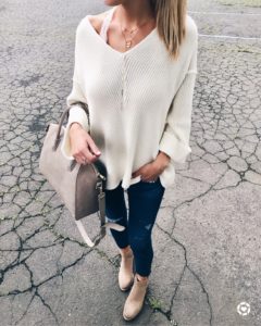 nordstrom anniversary sale tops - oversized white v-neck sweater and skinny jeans with booties on pinterestingplans