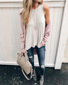 Fall capsule wardrobe - Pink circle cardigan and tank Fall outfit idea on PinterestingPlans