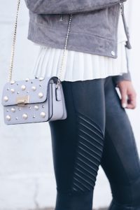 style leather leggings for a night out with a gray suede moto jacket over a white camisole as seen on pinterestingplans