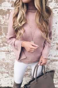 Fall sweaters 2017 - pink mock neck sweater over white skinny jeans on pinterestingplans