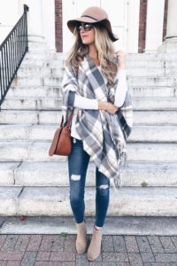 affordable Fall poncho 2017 - plaid wrap poncho and skinny jeans with booties on pinterestingplans