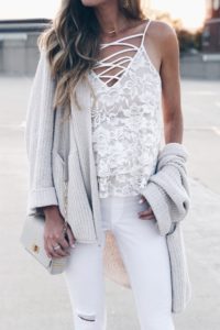 loft sale dressing room selfies - lace up front lace camisole under slouchy cardigan on pinterestingplans
