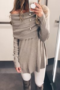 loft sale dressing room selfies - tan off the shoulder tunic sweater