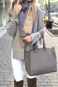 trendy fall sweaters - taupe tie sleeve sweater over white skinny jeans on pinterestingplans