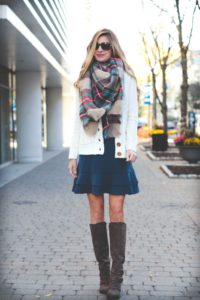 BOOKMARK THIS: how to tie a blanket scarf - finished scarf over navy ruffle hem Fall dress on pinterestingplanshow to tie a blanket scarf for Fall on pinterestingplans