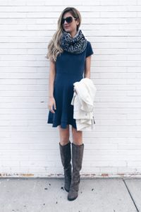how to tie a blanket scarf - pinterestingplans in navy Fall dress with infinity scarf and knee high boots