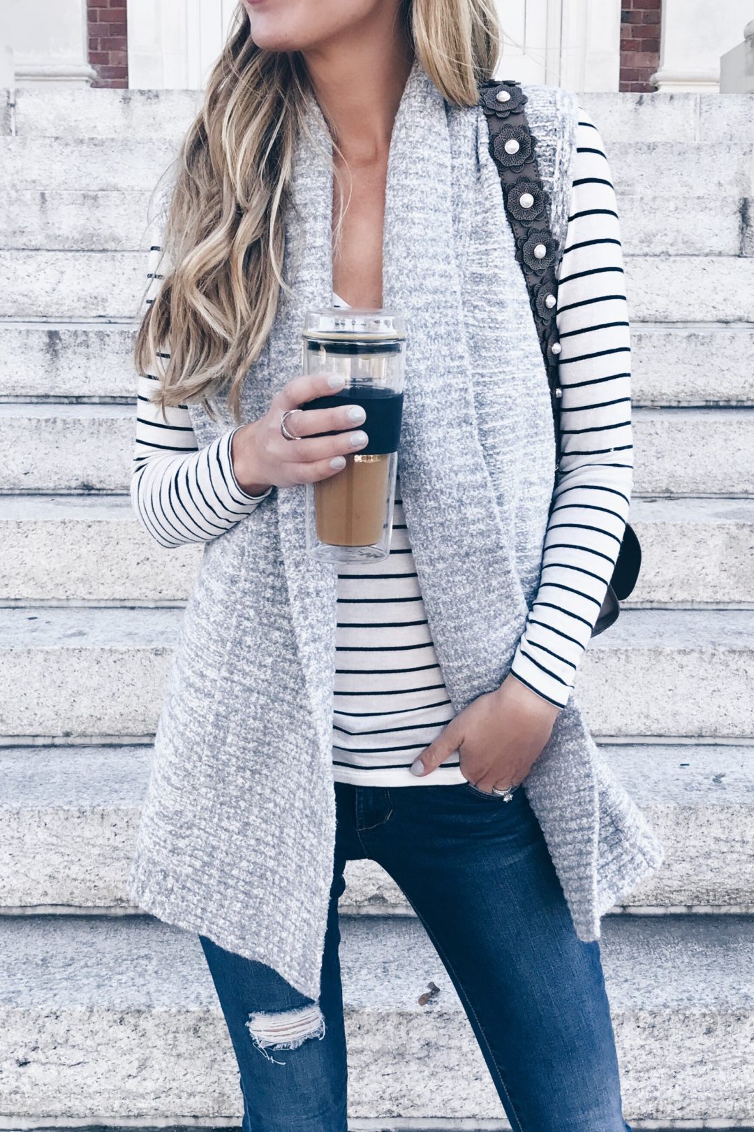 - sweater vest over striped tee Fall outfit inspiration