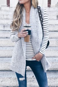 - sweater vest over striped tee Fall outfit inspiration