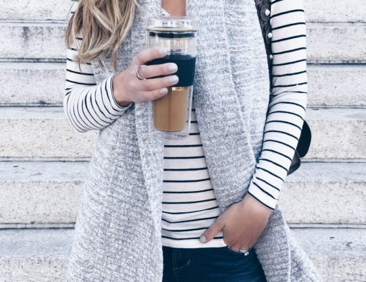 - sweater vest over striped tee Fall outfit inspiration