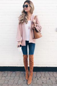 pink Fall sweaters - pinterestingplans Fall outfit with pink cardigan and cognac over the knee boots