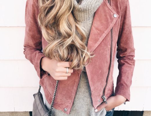 blush pink suede moto jacket outfit idea