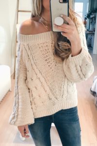 cyber week 2017 sweaters - off the shoulder cable knit sweater in ivory