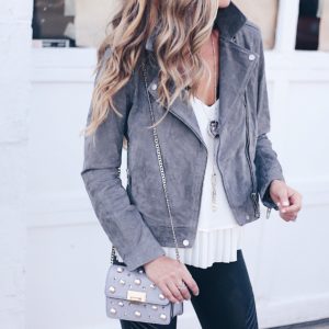 gray suede moto jacket outfit with leather leggings