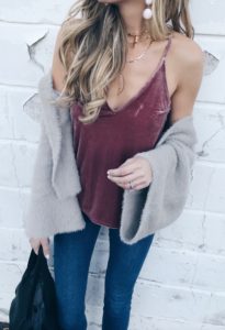 holiday airport outfits - fuzzy cropped cardigan and velvet cami on pinterestingplans