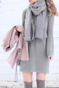 casual Winter dress under gray leopard scarf paired with over the knee boots on pinterestingplans