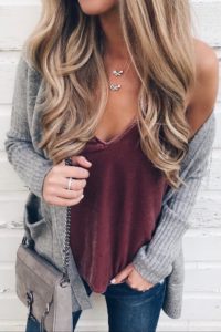 top outfits of 2017 - velvet cami under gray knit cardigan - cute winter outfits on pinterestingplans