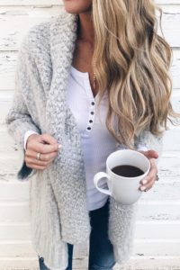 top outfits of 2017 - winter outfit of shawl collar cardigan layered over white henley