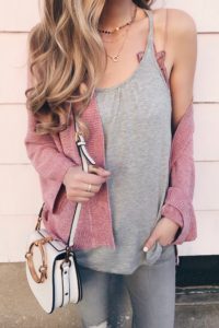 weekly wrap up 1/26/18 - spring outfit with pink chenille cardigan over gray cami and blush bralette on pinterestingplans