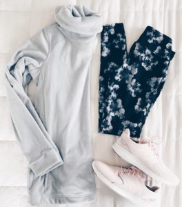 winter outfit flatlays - athleisure outfit with floral leggings and pink sneakers on connecticut lifestyle blog pinterestingplans
