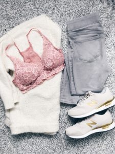 winter outfit flatlays - gold sneakers with gray jeggings and oversized sweater - casual outfit ideas from pinterestingplans