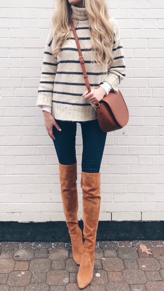 fall outfit - striped turtleneck sweater and cognac over the knee boots with skinny jeans on pinterestiongplans fashion blog
