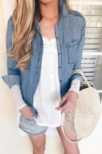 pinteresting plans blogger Rachel Moore layering a chambray shirt with denim shorts sharing tips for packing light