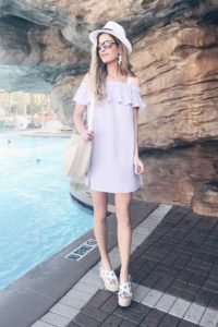 tips for packing light - pinteresting plans lifestyle blogger Rachel Moore in purple off the shoulder sundress with espadrille wedge sandals