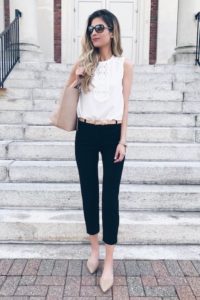 Spring capsule wardrobe for work 2018 - black skinny ankle pants with lacey white tank on pinteresting plans fashion blog