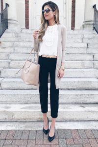 Spring capsule wardrobe for work 2018 - black skinny ankle pants with lacey white tank under cardigan on pinteresting plans fashion blog