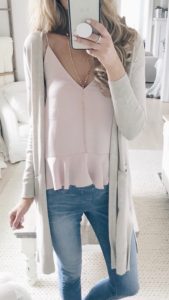 spring outfit ideas - neutral cardigan over peplum cami on pinterestingplans fashion blog
