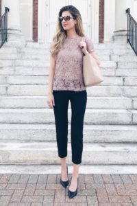 Spring Capsule Wardrobe for Work 2018 - pinteresting plans fashoin blog in black ankle pants and mauve lace top