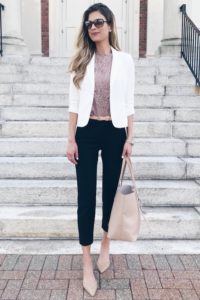 Spring Capsule Wardrobe for Work 2018 - pinteresting plans fashoin blog in black ankle pants and mauve lace top under white blazer