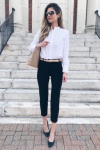Spring Capsule Wardrobe for Work 2018 - pinteresting plans fashoin blog in black ankle pants and white button down shirt