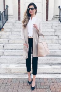 Spring Capsule Wardrobe for Work 2018 - pinteresting plans fashoin blog in black ankle pants white button down with tan cardigan