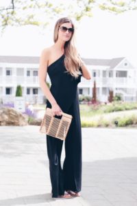 wideleg black jumpsuit perfect for a Summer wedding on Pinteresting Plans connecticut fashion blogger