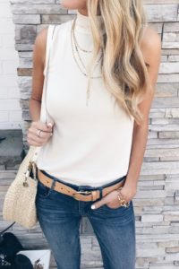 labor day weekend sale round up - mock neck turtleneck with layered necklace - early Fall outfit on Pinteresting Plans blog