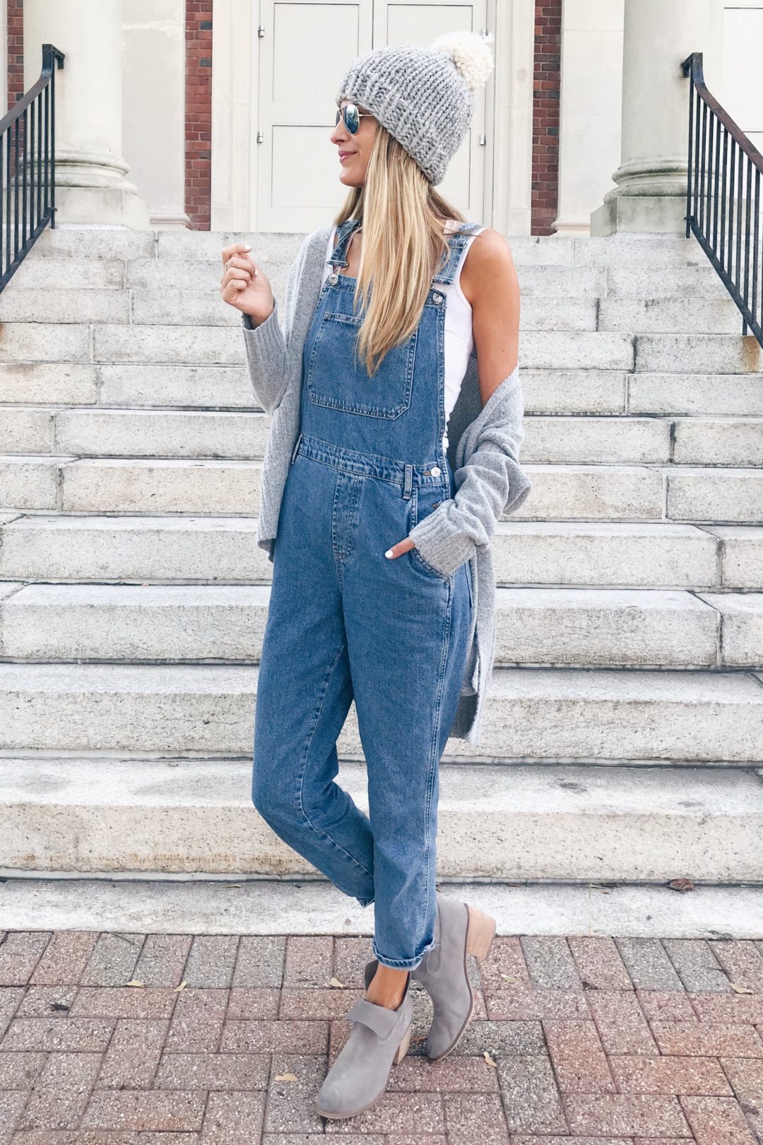 Fall fashion trends 2018 - overalls under a cardigan on pinteresting plans connecticut fashion blog
