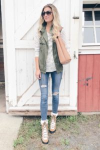 Fall utility vest outfit ideas - paired with a striped tee on pinteresting plans blog